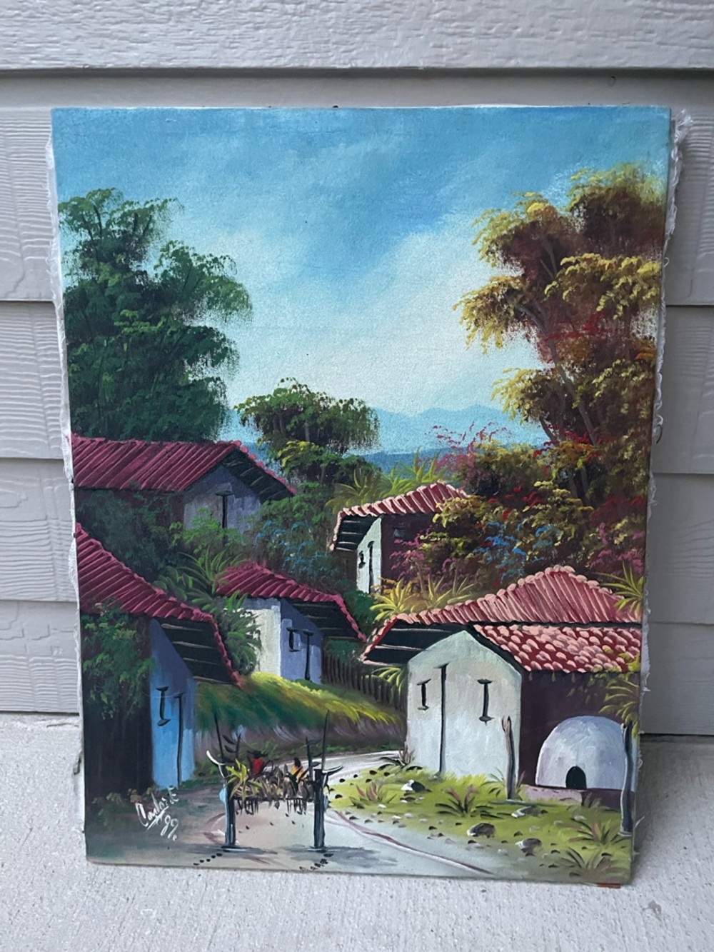 Village Landscape Canvas Wall Art - Red Roofs, Blue Sky 18x24